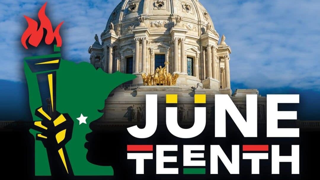 Juneteenth logo with Minnesota State Capitol in the background.
