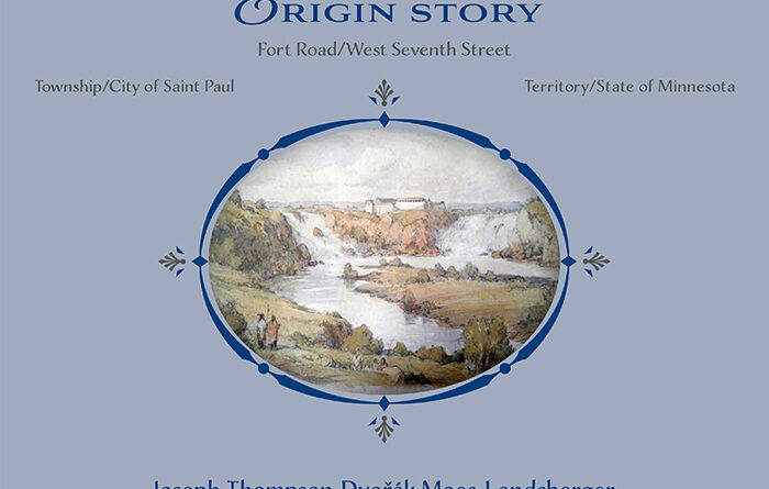 A “delusion” of three eras of the West End: An imaginary view telescoping three eras of the West End. Top right, St Anthony Falls retreating up the Mississippi River; top left, the retreating River Warren falls that carved St Paul’s bluff; top center, Fort Snelling at Bdote, at the confluence of both rivers. Lower left, Dakota Natives viewing the past and future. Stuart Loughridge’s watercolor interpretation is based on the Henry Lewis chromolithograph.”