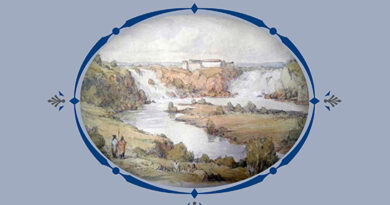 A “delusion” of three eras of the West End: An imaginary view telescoping three eras of the West End. Top right, St Anthony Falls retreating up the Mississippi River; top left, the retreating River Warren falls that carved St Paul’s bluff; top center, Fort Snelling at Bdote, at the confluence of both rivers. Lower left, Dakota Natives viewing the past and future. Stuart Loughridge’s watercolor interpretation is based on the Henry Lewis chromolithograph.”
