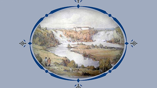 A “delusion” of three eras of the West End: An imaginary view telescoping three eras of the West End. Top right, St Anthony Falls retreating up the Mississippi River; top left, the retreating River Warren falls that carved St Paul’s bluff; top center, Fort Snelling at Bdote, at the confluence of both rivers. Lower left, Dakota Natives viewing the past and future. Stuart Loughridge’s watercolor interpretation is based on the Henry Lewis chromolithograph.”