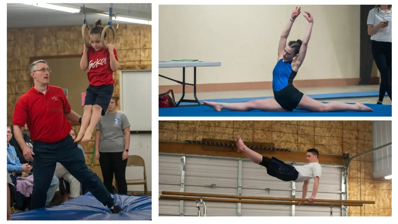 Gymnasts Landyn (above), Amari (top right) and Jas (bottom right) compete in Crete, NE at Sokol Western District Competition. Photo Credit Elisha May Jacobsen.