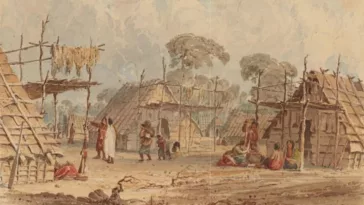 Dacotah Village,1849–55. Watercolor by Seth Eastman. “The building supplies for these elm-bark lodges came from the Minnesota River Valley. The porches allowed for a bit of shade and a handy spot to dry animal skins.” Credit: Courtesy Minneapolis Institute of Arts