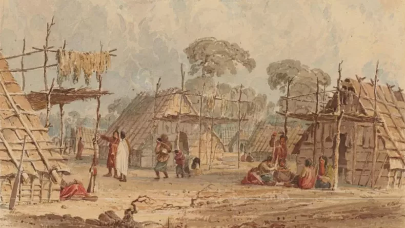Dacotah Village,1849–55. Watercolor by Seth Eastman. “The building supplies for these elm-bark lodges came from the Minnesota River Valley. The porches allowed for a bit of shade and a handy spot to dry animal skins.” Credit: Courtesy Minneapolis Institute of Arts