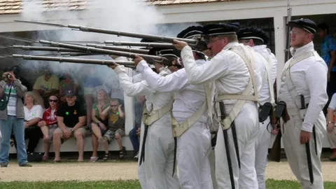 Revolutionary era soldiers firing muskets.