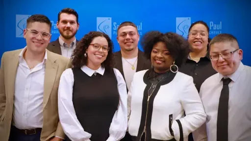 St. Paul Board of Education Members (front row, from left) Yusef Carrillo, Halla Henderson, Erica Valliant, Jim Vue, (back row) Uriah Ward, Carlo Franco and Chauntyll Allen.