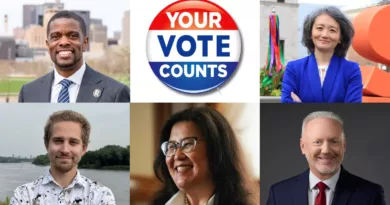 Image of 5 St. Paul Mayoral Candidates in 2025 Election. Top left Melvin Carter, top right Yan Chen, bottom left Adam Dullinger, bottom center Kaohly Her and bottom right Mike Hilborn.