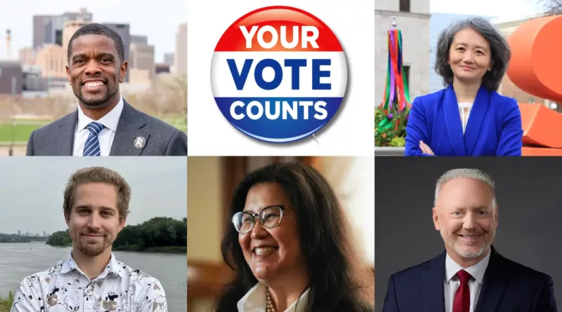 Image of 5 St. Paul Mayoral Candidates in 2025 Election. Top left Melvin Carter, top right Yan Chen, bottom left Adam Dullinger, bottom center Kaohly Her and bottom right Mike Hilborn.