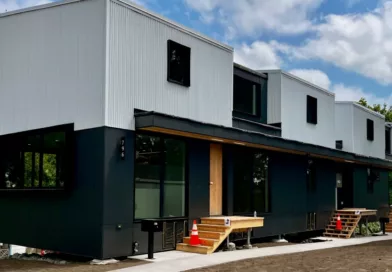 A new co-living duplex in St. Paul, where each unit will have six bedrooms and six bathrooms. Credit: MinnPost photo by Bill Lindeke