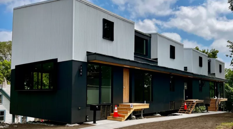 A new co-living duplex in St. Paul, where each unit will have six bedrooms and six bathrooms. Credit: MinnPost photo by Bill Lindeke