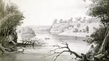Seth Eastman’s 1848 view to the west of the Lower Landing and Midtown of Saint Paul. Credit: Image MNHS