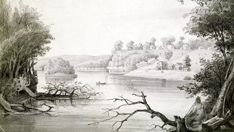 Seth Eastman’s 1848 view to the west of the Lower Landing and Midtown of Saint Paul. Credit: Image MNHS