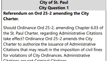 Ballot Question whether to approve Administrative Citations in the 2025 election.