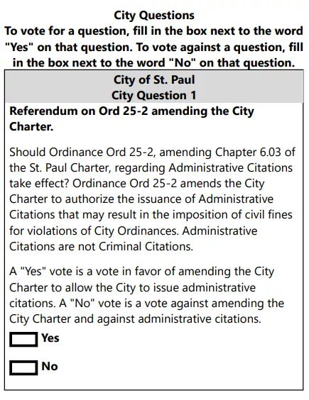 The full question regarding administrative citations on the 2025 St. Paul ballot.