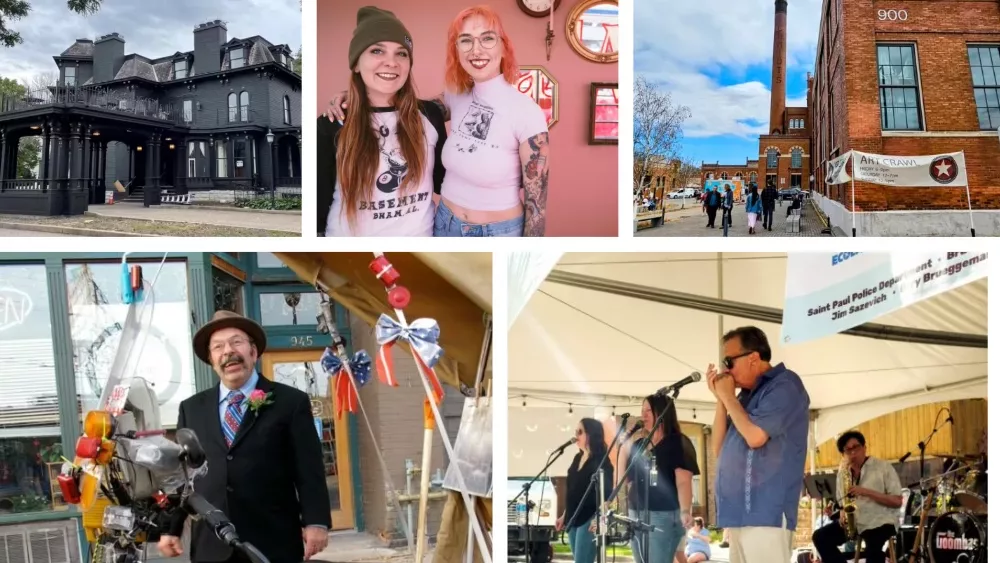 photo grid of stories covered in the Community Reporter. top left, Forepaugh's Restaurant, top center Holy Mary Piercing, top right, Art Crawl at Schmidt Artist Lofts, bottom left Carl "Mr. Positive" Bentson and bottom right the Goomba's playing at West Fest on 7th.