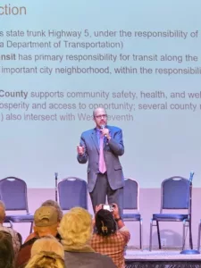 Representative Dave Pinto speaks at the Future of West 7th event on October 29, 2025.