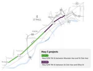 MnDOT's current timeline for a mill and overlay of West 7th St. from Munster Ave. to Olive St. in 2028 & 2029.