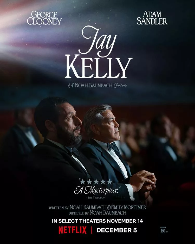 The official poster for the film "Jay Kelly" starring George Clooney and Adam Sandler on Netflix.