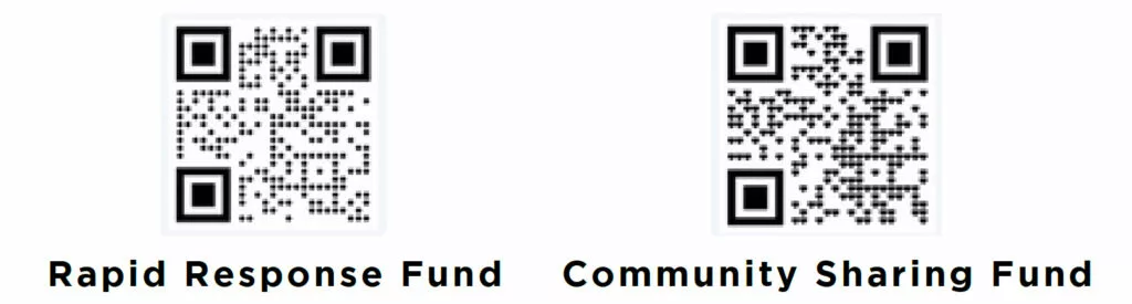 QR Codes to donate to the Rapid Response Fund or the Community Sharing Fund.
