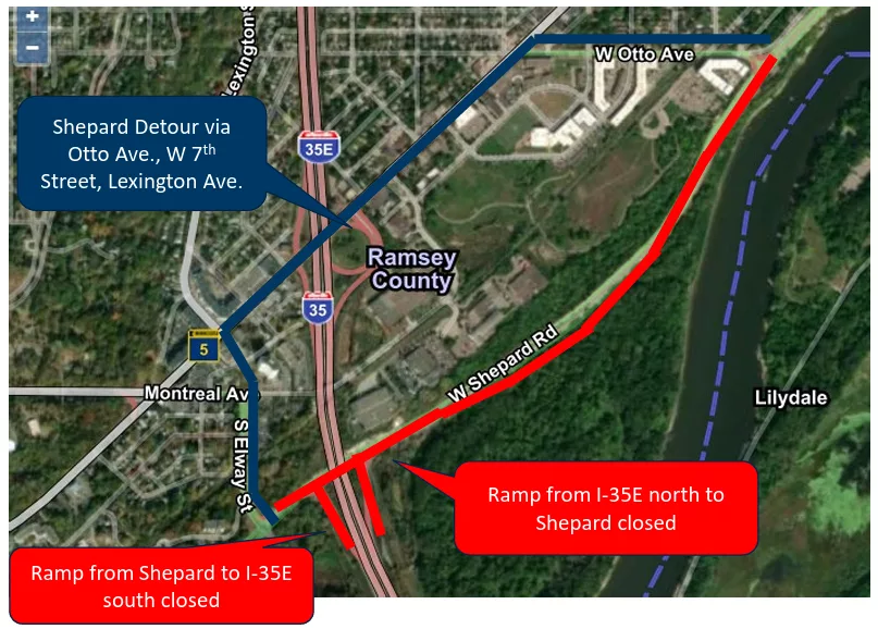 Beginning April 20, Shepard Road will be closed between Lexington Parkway and Otto Avenue, including the southbound I-35E entrance ramp, as the Minnesota Department of Transportation begins work to replace the I-35E bridge spanning the roadway.