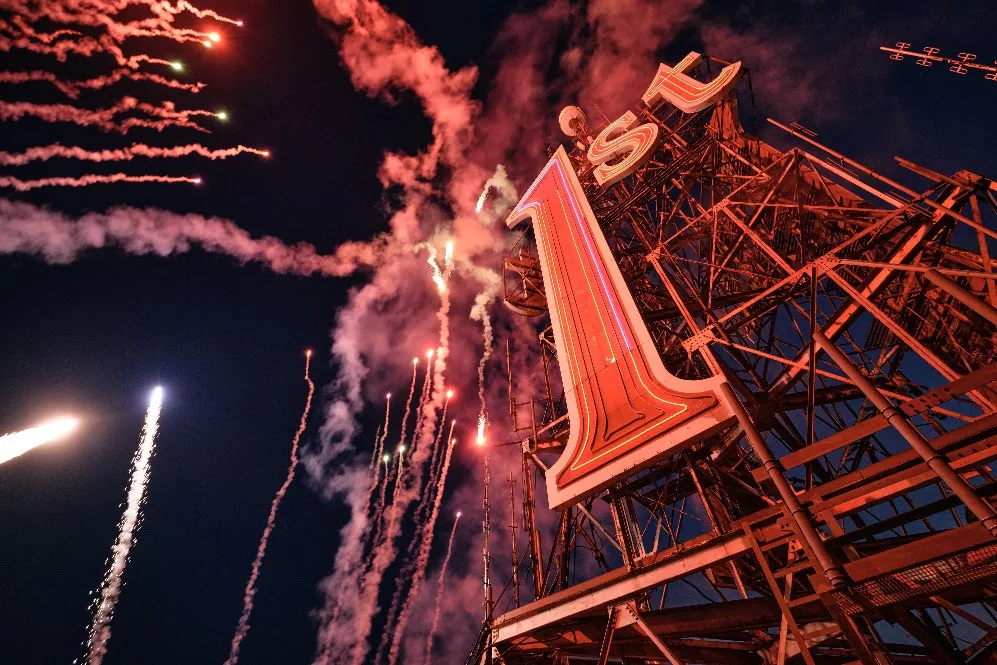Fireworks over the First National Bank sign in downtown St. Paul